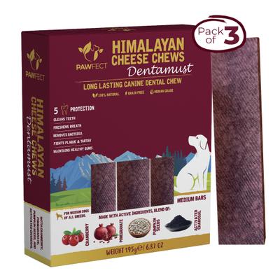 Golosinas dentales para perros Dentamust Himalayan Cheese Chews, medianas, totalmente naturales, ricas en proteínas y sin cereales, con arándanos, granada, semillas de calabaza y carbón activado, 3 unidades
