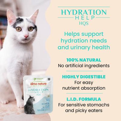 Aderezo para alimento húmedo para gatos con leche de cabra Hydration Help HQS, bolsa de 1.77 oz, caja de 12