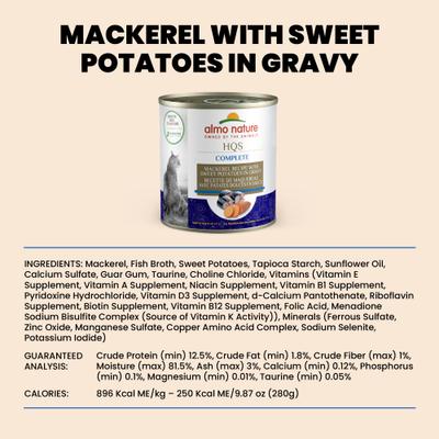 HQS Complete Mackerel Recipe with Sweet Potatoes in Gravy Cat Wet Food, 9.87-oz can, case of 12