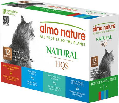 HQS Natural Atlantic Tuna, Mackerel, Chicken & Shrimp, Trout & Tuna Variety Pack Canned Cat Food, 2.47-oz, case of 12