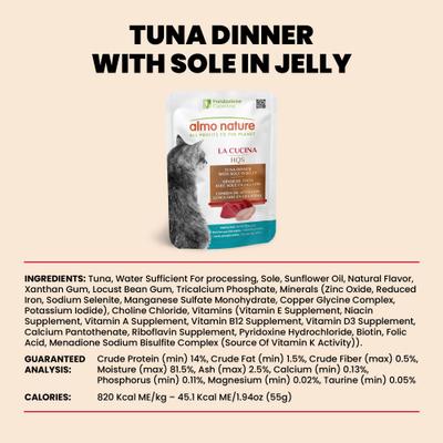 HQS La Cucina Tuna with Sole Grain-Free Cat Food Pouches, 1.94-oz, case of 12