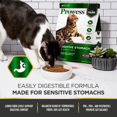 Nulo, Prowess Sensitive Stomach Recipe with Chicken, Pollo + Fibras + Prebióticos + Probióticos + Postbióticos para Digestión Sensible, Gatos Adultos, 1.59 / 2.72 / 5.90 kg