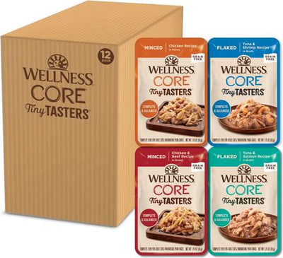 CORE Tiny Tasters - Alimento húmedo para gatos adultos sin cereales, paquete variado de mariscos y aves de corral, bolsa de 1.75 oz, 12 unidades