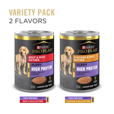 Alimento húmedo para perros Sport Development Puppy High Protein Beef & Rice Entrée y Chicken & Rice Entrée Variety Pack, lata de 13 oz, caja de 12