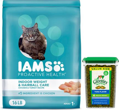 Bundle: Iams ProActive Health Indoor Weight & Hairball Care Dry Food, 16-lb bag + Greenies Feline Greenies Smartbites Healthy Indoor Tuna Flavored Cat Treats