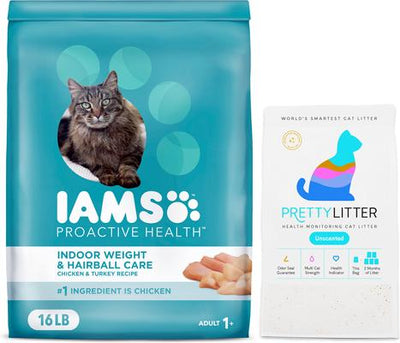 Paquete: Alimento seco Iams ProActive Health Indoor Weight & Hairball Care, bolsa de 7,2 kg + Arena para gatos PrettyLitter