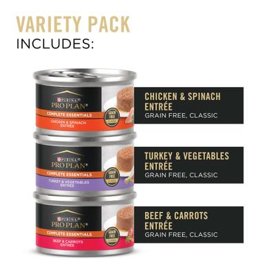 Complete Essentials Grain-Free Chicken, Turkey & Beef Variety Pack Comida húmeda para gatos, lata de 3 oz, caja de 24