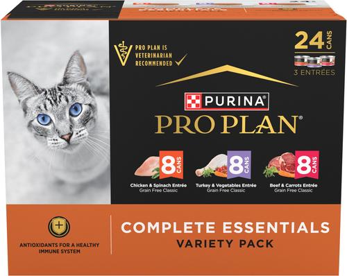 Complete Essentials Grain-Free Chicken, Turkey & Beef Variety Pack Comida húmeda para gatos, lata de 3 oz, caja de 24
