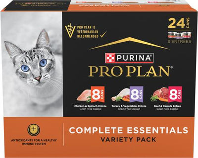 Complete Essentials Grain-Free Chicken, Turkey & Beef Variety Pack Comida húmeda para gatos, lata de 3 oz, caja de 24