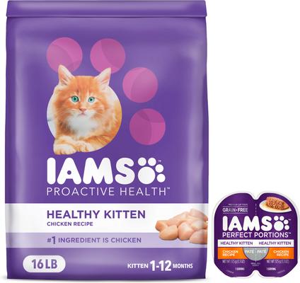 Bundle: Iams ProActive Health Kitten Dry Food + Perfect Portions Healthy Kitten Chicken Recipe Pate Grain-Free Cat Food Trays