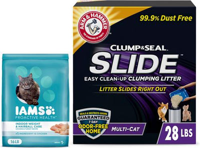 Bundle: Iams ProActive Health Indoor Weight & Hairball Care Dry Food + Arm & Hammer Litter Slide Multi-Cat Scented Clumping Clay Cat Litter