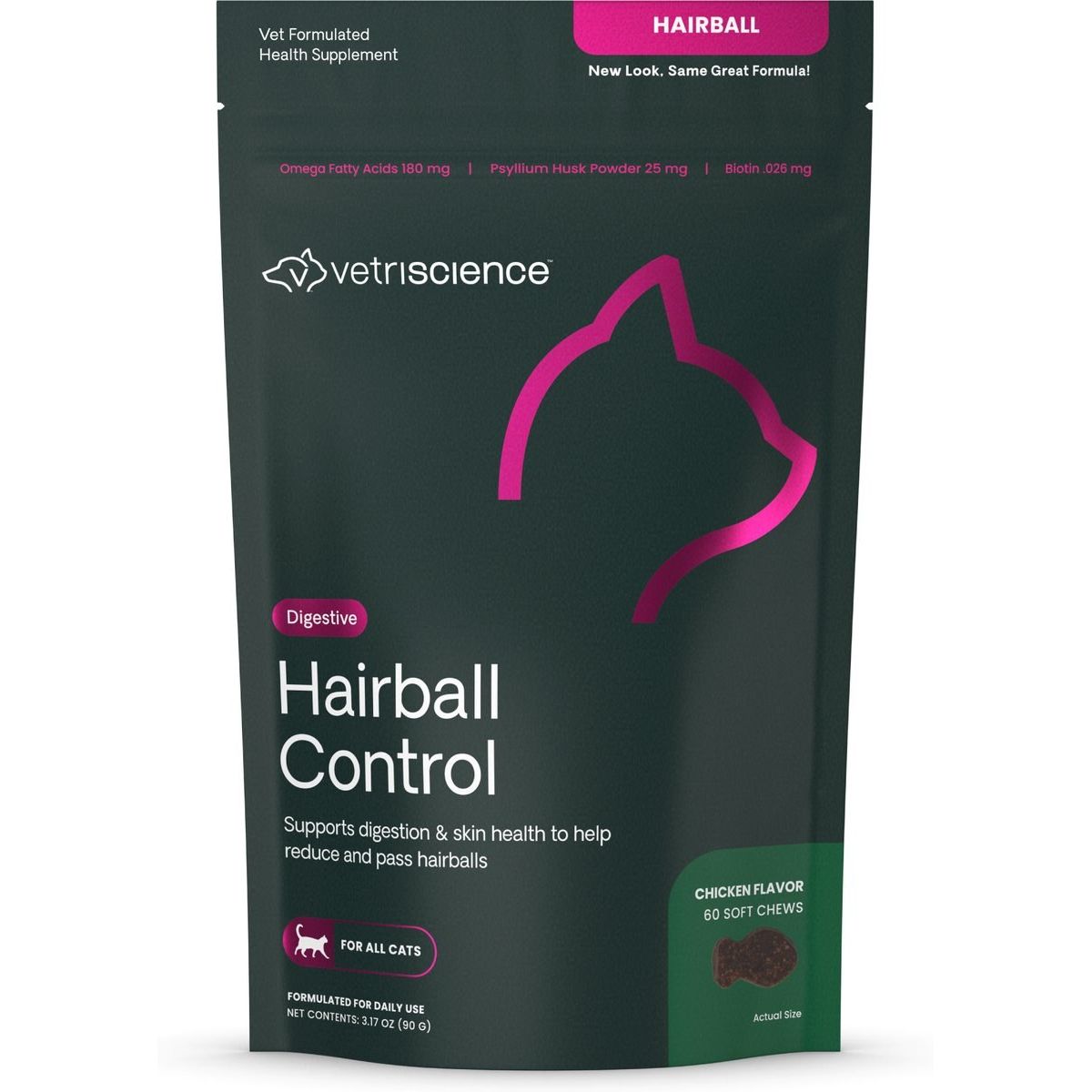 Hairball Soft Chews Hairball Control Supplement, sabor Hígado de Pollo. 60 chews.