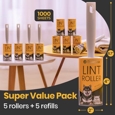 Pet Lint Roller for Clothes, Yellow, 1000 sheets (5 Rollers + 5 Refills)