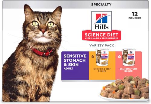 Adult Sensitive Stomach & Sensitive Skin Chicken & Beef, Salmon & Tuna Variety Pack Wet Cat Food, 2.8-oz pouch, 12 count