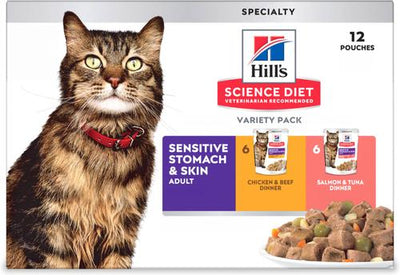 Adult Sensitive Stomach & Sensitive Skin Chicken & Beef, Salmon & Tuna Variety Pack Wet Cat Food, 2.8-oz pouch, 12 count