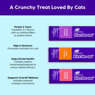 Kiss Me-Ow Variety Pack - Golosinas dentales para lamer para gatos con atún, salmón y pollo, tubo de 0.5 oz, caja de 21