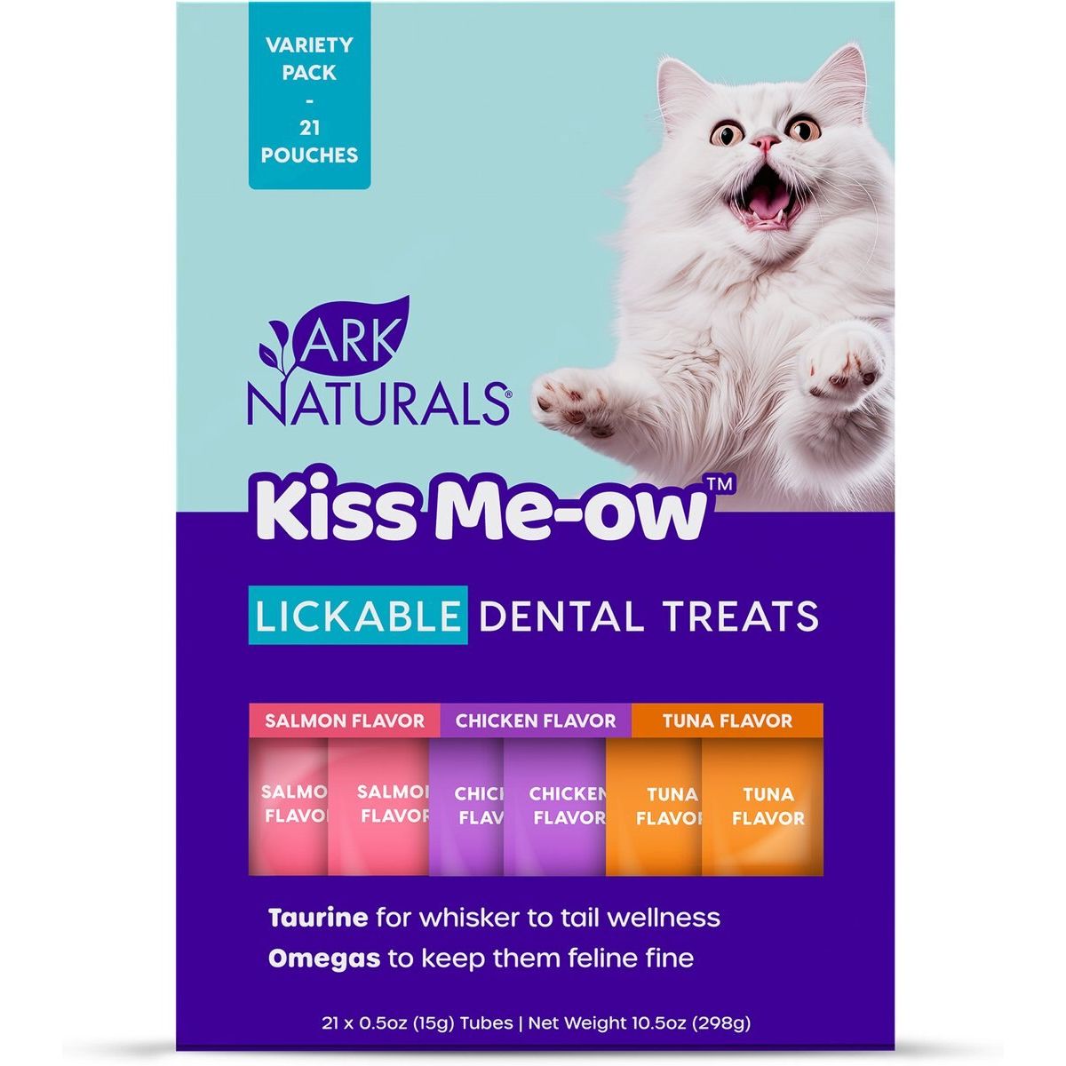 Kiss Me-Ow Variety Pack Dental Treats para Lamer, sabores Atún, Salmón y Pollo. 15 g. - Ark Naturals