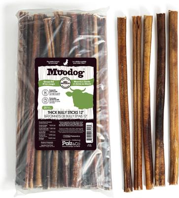Palitos de Bully Sticks de carne de res gruesa de 12 pulgadas para perros de Moodog, 25 unidades