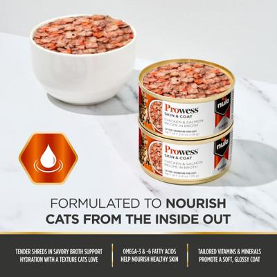 Prowess Skin & Coat Chicken & Salmon Shreds in Broth Adult Wet Cat Food, 2.8-oz can, case of 4