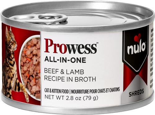 Prowess All-in-One Essentials Beef & Lamb Shreds in Broth Adult & Kitten Wet Cat Food, 2.8-oz can, case of 4