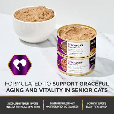 Prowess Mature 12+ Salmon & Tuna Pate in Broth Senior Wet Cat Food, 2.8-oz can, case of 4