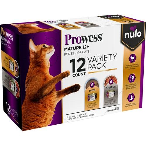 Nulo, Prowess Mature 12+, alimento húmedo funcional para gatos senior 12+, varios sabores, 79 g × 4 / 12 latas