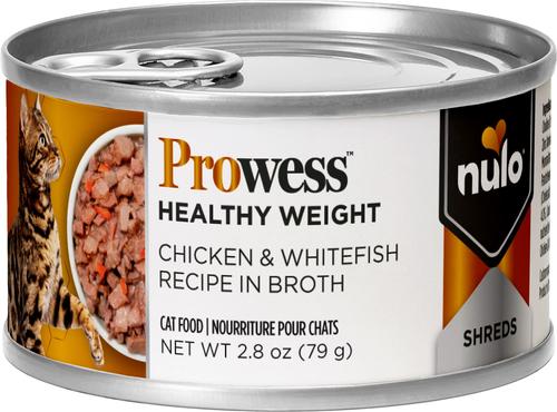 Prowess Healthy Weight Chicken & Whitefish Shreds in Broth Adult Wet Cat Food, 2.8-oz can, case of 12