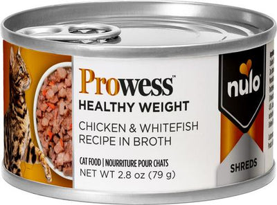 Prowess Healthy Weight Chicken & Whitefish Shreds in Broth Adult Wet Cat Food, 2.8-oz can, case of 12