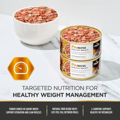 Prowess Healthy Weight Chicken & Whitefish Shreds in Broth Adult Wet Cat Food, 2.8-oz can, case of 12
