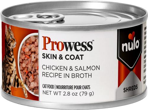 Prowess Skin & Coat Chicken & Salmon Shreds in Broth Adult Wet Cat Food, 2.8-oz can, case of 4