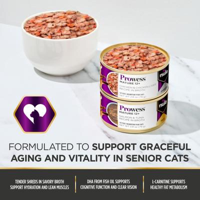 Prowess Mature 12+ Chicken & Chicken Liver Shreds in Broth Senior Wet Cat Food, 2.8-oz can, case of 4