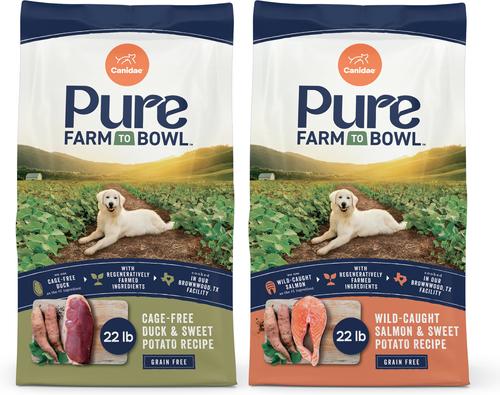 Paquete: Comida seca para perros CANIDAE PURE con ingredientes limitados de cordero, cabra y venado + Comida seca para perros con salmón y batata