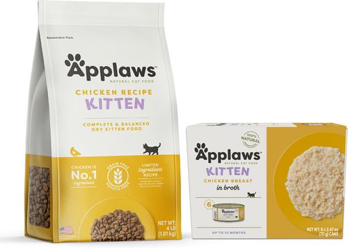 Bundle: Applaws Chicken Breast in Broth Wet Food, 2.47-oz can, case of 6 + Complete Chicken Recipe for Kittens Dry Cat Food, 4-lb bag, 1 count