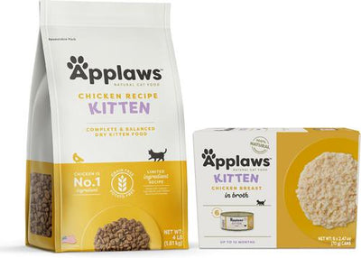 Bundle: Applaws Chicken Breast in Broth Wet Food, 2.47-oz can, case of 6 + Complete Chicken Recipe for Kittens Dry Cat Food, 4-lb bag, 1 count