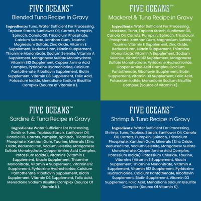 Comida húmeda para gatos Five Oceans Variety Pack Grain-Free Shreds in Gravy, lata de 3 oz, caja de 12
