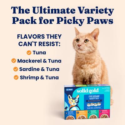 Comida húmeda para gatos Five Oceans Variety Pack Grain-Free Shreds in Gravy, lata de 3 oz, caja de 12