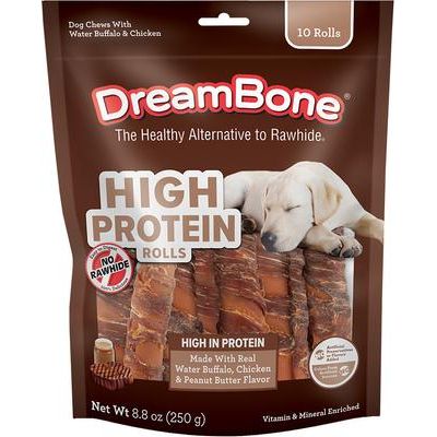 Rollitos de proteína para perros con sabor a búfalo de agua, pollo y mantequilla de cacahuete, 4 unidades