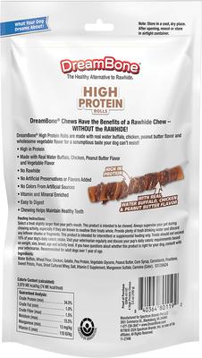 High Protein Rolls Water Buffalo, Chicken & Peanut Butter Flavor Dog Treat Chew, 4 count