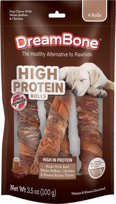 High Protein Rolls Water Buffalo, Chicken & Peanut Butter Flavor Dog Treat Chew, 4 count