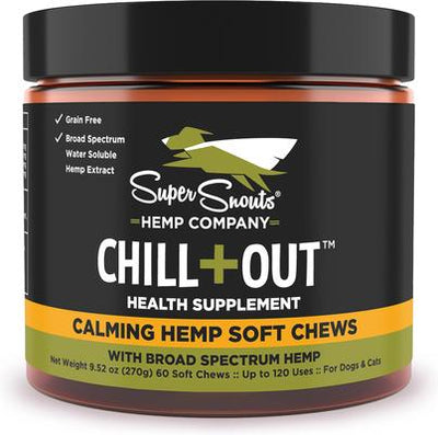 Chill + Out - Suplemento masticable suave calmante de amplio espectro con extracto de cáñamo para perros y gatos, 60 unidades