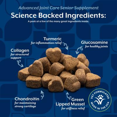 NaturVet, Advanced Joint Care Senior, masticables con glucosamina, MSM, colágeno, condroitina y mejillón verde para perros mayores, sabor tocino y pollo, 60 / 120 unidades