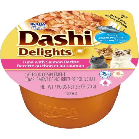 Receta de atún con queso Dashi Delights en caldo, aderezo para comida para gatos sin cereales, taza de 2.5 oz, caja de 6