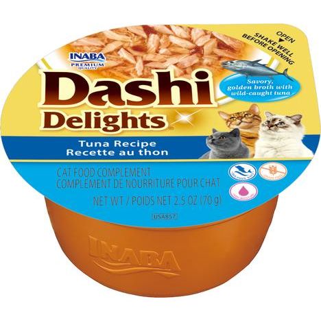 Receta de atún con queso Dashi Delights en caldo, aderezo para comida para gatos sin cereales, taza de 2.5 oz, caja de 6