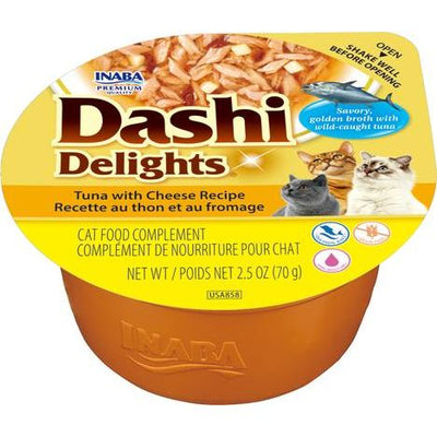 Receta de atún con queso Dashi Delights en caldo, aderezo para comida para gatos sin cereales, taza de 2.5 oz, caja de 6