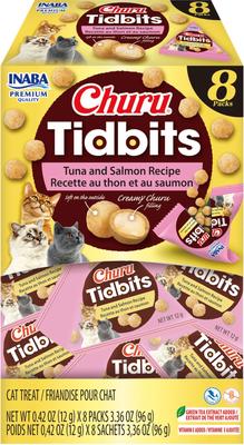 Churu Tidbits - Golosinas sin cereales para gatos con atún y salmón, tubo de 0,42 oz, 8 unidades