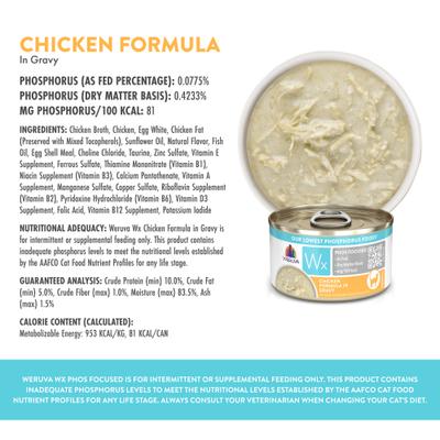 Alimento húmedo para gatos Wx Phos Focused Chicken Formula en salsa sin cereales, lata de 3 oz, caja de 12