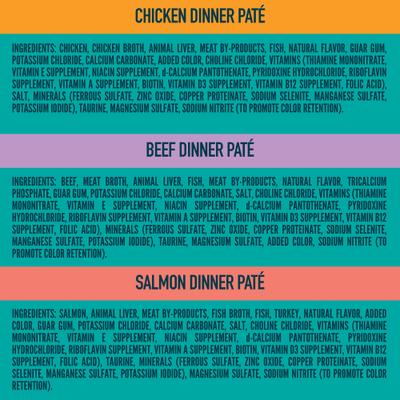 Alimento húmedo para gatos con pollo, ternera y salmón, paquete variado, 3 oz, caja de 24