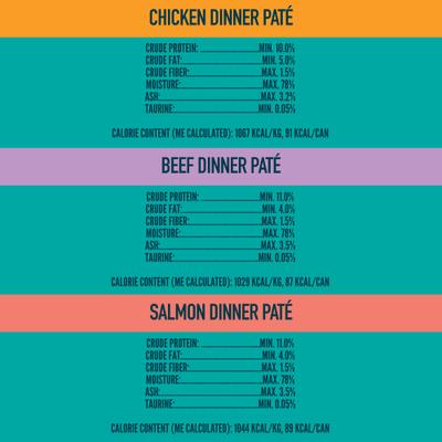 Alimento húmedo para gatos con pollo, ternera y salmón, paquete variado, 3 oz, caja de 24