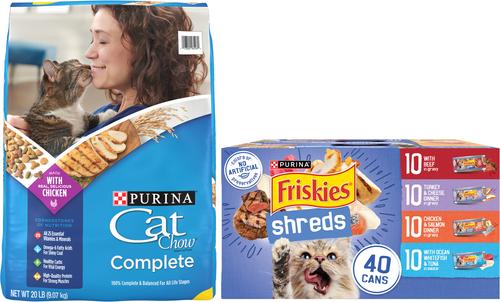 Bundle: Friskies Shreds in Gravy Variety Pack Canned Food + Cat Chow Complete Dry Cat Food