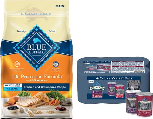 Paquete: Alimento húmedo Blue Buffalo Wilderness con carne de res y salmón + Alimento seco para perros de razas grandes con receta de pollo y arroz integral Life Protection Formula